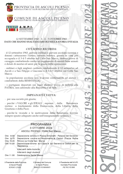 81° Anniversario dell’inizio della lotta di liberazione in Ascoli Piceno