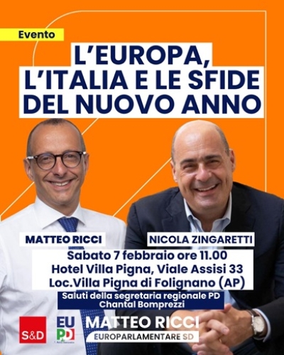 Ricci con Zingaretti sabato in provincia di Ascoli per “l’Europa, l’Italia e le sfide del nuovo anno”