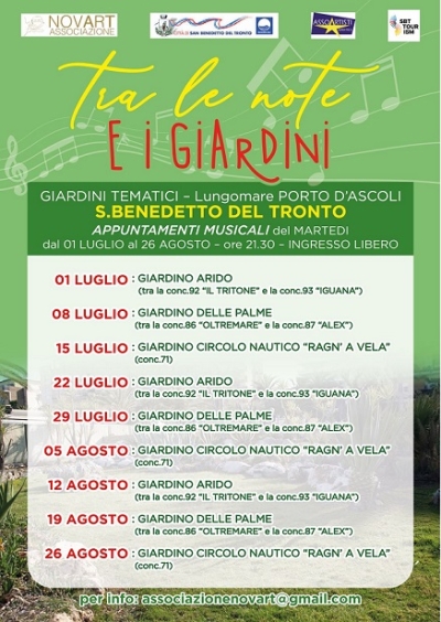 Dal 01 Luglio al 26 Agosto andranno in scena gli appuntamenti musicali del martedì denominati TRA LE NOTE E I GIARDINI
