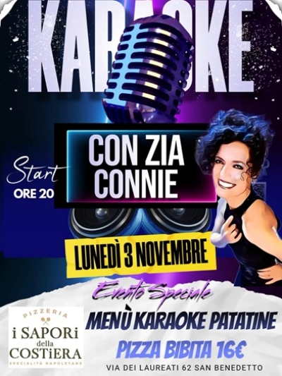 Lunedì 3 novembre presso la pizzeria I Sapori della Costiera serata karaoke con zia Connie