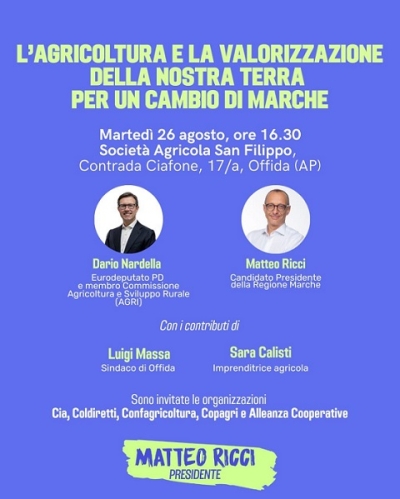 Offida, martedì 26 agosto Ricci lancia l'iniziativa 