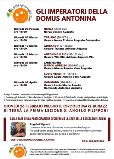 Al via il ciclo di incontri dal titolo “Gli Imperatori della Domus Antonina” tenuto da Angelo Filipponi