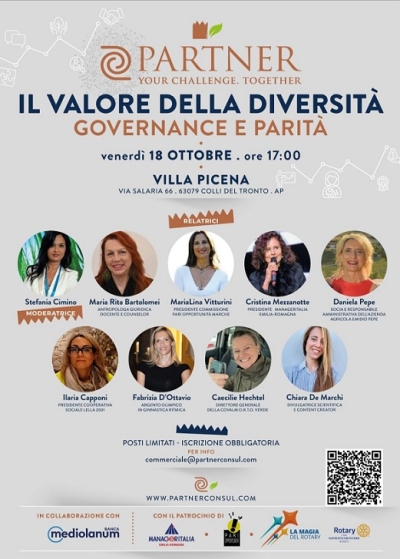 L'argomento “Il valore della diversità – Governance e parità” al centro della tavola rotonda venerdì 18 ottobre presso Villa Picena a Colli del Tronto