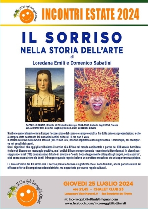 Incontri Estate 2024, presso lo chalet Club 23 (conc. 23) si parler&agrave; de "IL SORRISO NELLA STORIA DELL&rsquo;ARTE"