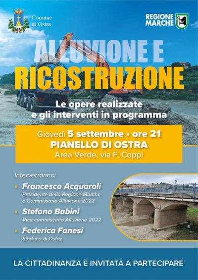 “ALLUVIONE E RICOSTRUZIONE. LE OPERE REALIZZATE E GLI INTERVENTI IN PROGRAMMA”: L’INCONTRO PUBBLICO GIOVEDì ALLE 21 A PIANELLO DI OSTRA CON LA PARTECIPAZIONE DEL PRESIDENTE ACQUAROLI