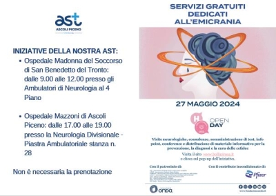 PORTE APERTE NEGLI AMBULATORI DELLA NEUROLOGIA DELL’AST DI ASCOLI, IL 27 MAGGIO OPEN DAY DEDICATO ALL’EMICRANIA