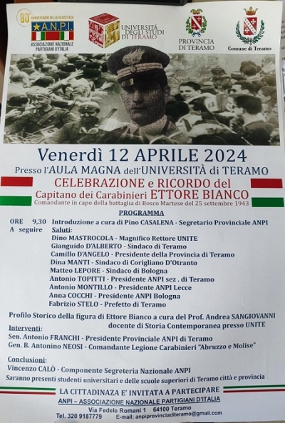 Celebrazioni e ricordo della figura del Capitano dei Carabinieri Ettore Bianco, comandante in capo della battaglia di Bosco Martese