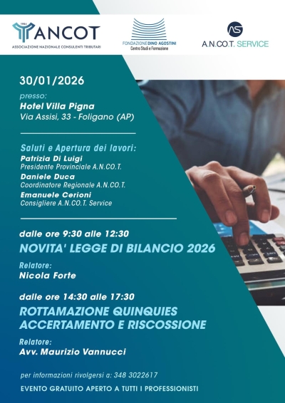 A.N.CO.T , giornata formativa sulle ultime novità della Legge di Bilancio 2026