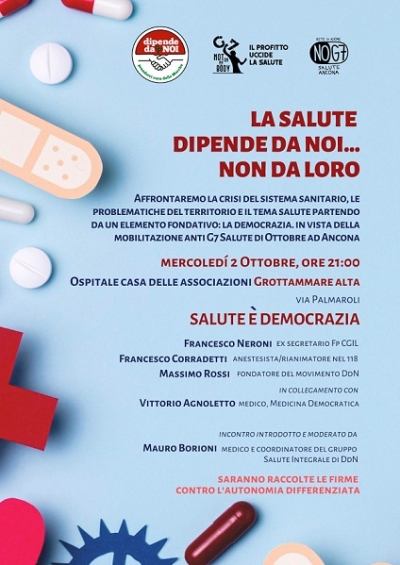 Mercoledì alle 21,00 presso la sala dell’Ospitale delle Associazioni di Grottammare si parlerà dell’attacco al diritto alla salute in vista del G7 Salute di Ancona