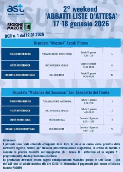 AST ASCOLI, IL 17 E 18 GENNAIO PORTE APERTE NEGLI OSPEDALI 'MAZZONI' E 'MADONNA DEL SOCCORSO' PER IL 'SECONDO WEEKEND ABBATTI LISTE D'ATTESA'