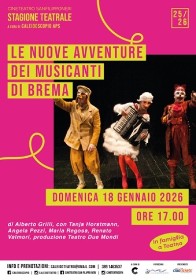 Domenica 18 gennaio secondo appuntamento della rassegna “IN FAMIGLIA A TEATRO” del Cineteatro San Filippo Neri con lo spettacolo  “LE NUOVE AVVENTURE DEI MUSICANTI DI BREMA”