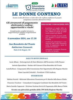 Il Comitato per l&rsquo;Educazione Finanziaria per le Marche della Banca d&rsquo;Italia organizza un evento formativo dal titolo &ldquo;Le donne contano&rdquo;