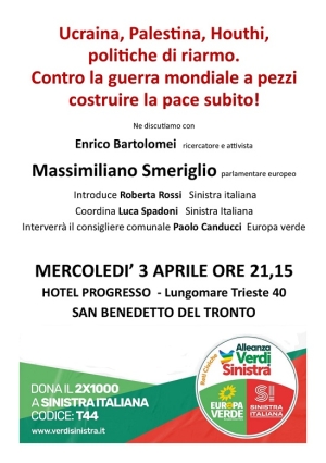 Mercoled&igrave; 3 aprile presso l'Hotel Progresso dibattito sul tema "Ucraina,Palestina,Houthi, politiche di riarmo. Contro la guerra mondiale a pezzi costruire la pace subito!"