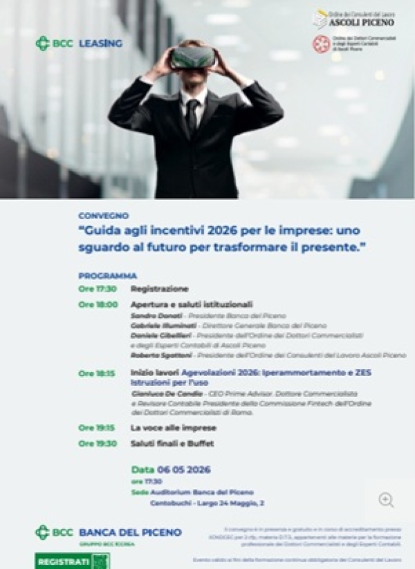 Domani a Centobuchi &ldquo;Guida agli incentivi 2026 per le imprese&rdquo;