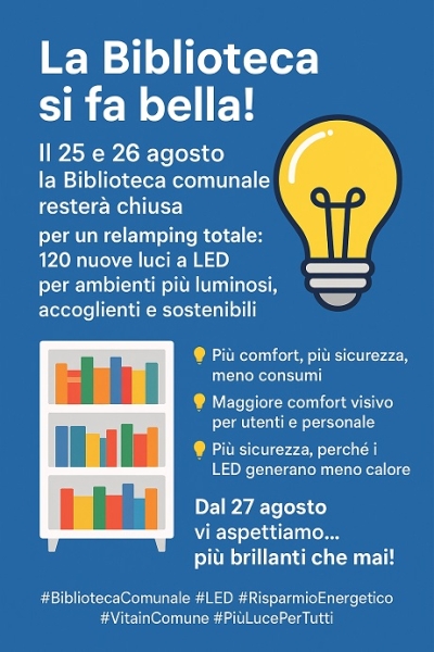 Biblioteca chiusa per lavori il 25 e 26 agosto