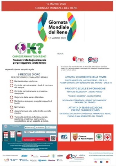 GIORNATA MONDIALE DEL RENE 2026: IL REPARTO DI NEFROLOGIA E DIALISI DELL'AST DI ASCOLI ADERISCE CON INIZIATIVE VOLTE ALLA CONOSCENZA E ALLA PREVENZIONE DELLE MALATTIE RENALI