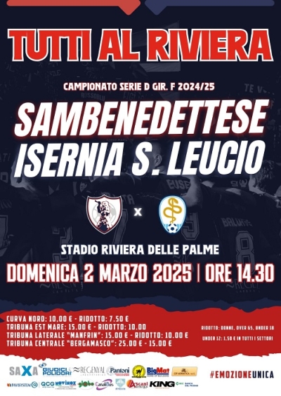 Domenica 2 marzo tutti al Riviera per l'incontro Sambenedettese - Isernia S. Leucio