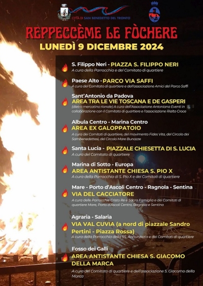 “Reppeccème le fòchere”, il 9 dicembre tornano i falò in varie zone della città