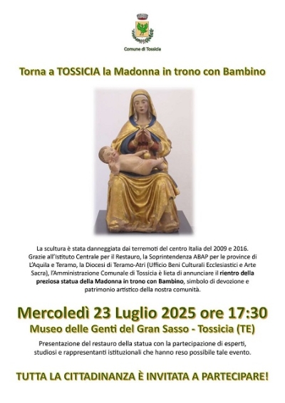 Torna a Tossicia la Madonna in trono con Bambino