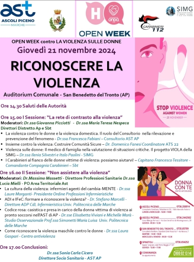Giornata per l'eliminazione della violenza contro le donne: nell'Ast di Ascoli spazi aperti all'ascolto nei consultori familiari e consulenze nei Centri antiviolenza