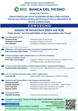 La Banca del Piceno organizza un importante convegno dal titolo "Caratteristiche socio-economiche dell'area Picena: focus sull'intelligenza artificiale e sulla necessit&agrave; di nuove competenze"