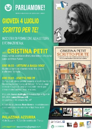 Gioved&igrave; 4 luglio presso la Palazzina Azzurra incontro di promozione alla lettura e formazione con CRISTINA PETIT