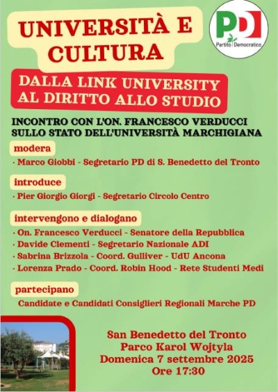 Il PD San Benedetto organizza un incontro dedicato allo stato di salute del diritto allo studio e dell'Università nelle Marche