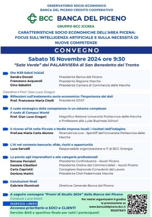 La Banca del Piceno organizza un importante convegno dal titolo "Caratteristiche socio-economiche dell'area Picena: focus sull'intelligenza artificiale e sulla necessit&agrave; di nuove competenze"