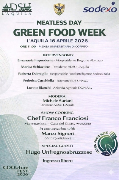 ADSU L'AQUILA: UNIVAQ E AZIENDA PER IL DIRITTO AGLI STUDI ADERISCONO ALLA GREEN FOOD WEEK.