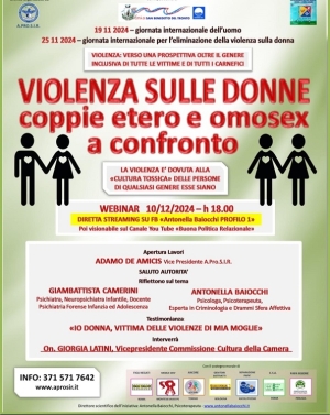 Webinar marted&igrave; 10 dicembre alle ore ore 18,00 sul tema "LA VIOLENZA NELLE COPPIE LESBICHE E ETERO A CONFRONTO"