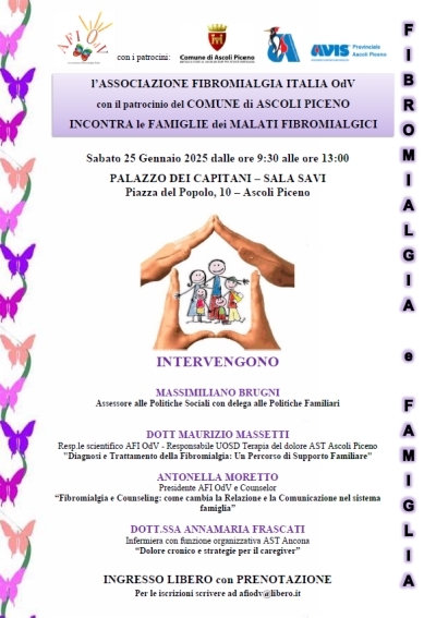 Associazione Fibromialgia Italia OdV (AFI OdV) incontra le famiglie dei malati. L'obiettivo è promuovere la conoscenza della sindrome e la comunicazione nella famiglia, con i medici e con i caregiver.