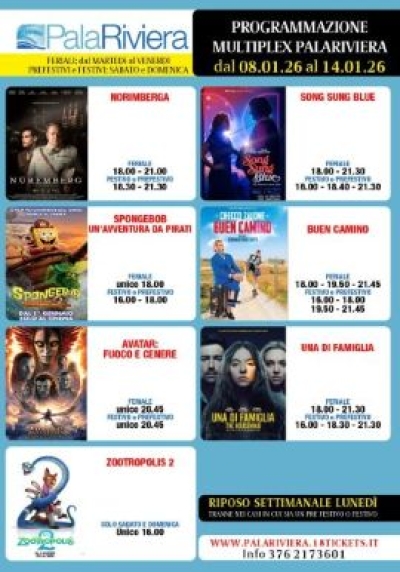 Programmazione Multiplex Palariviera di San Benedetto del Tronto dall'8 al 14 gennaio 2026