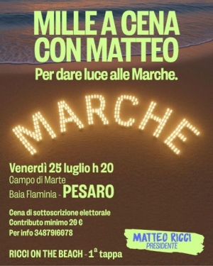 &lsquo;Ricci on the beach&rsquo;, il tour dedicato alle coste parte da Pesaro con l&rsquo;evento &lsquo;Mille a cena con Matteo&rsquo;