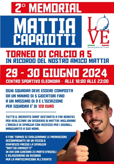 A un anno dalla scomparsa, al via il 2° Memorial Mattia Capriotti