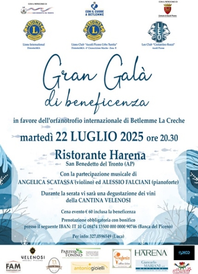 Martedì 22 luglio a San Benedetto Gran Galà di Beneficenza organizzato dal Lions Club Ascoli Piceno Urbs Turrita