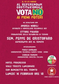 Presso l'Hotel Progresso a San Benedetto lunedi 16 febbraio incontro per inizio campagna referendaria