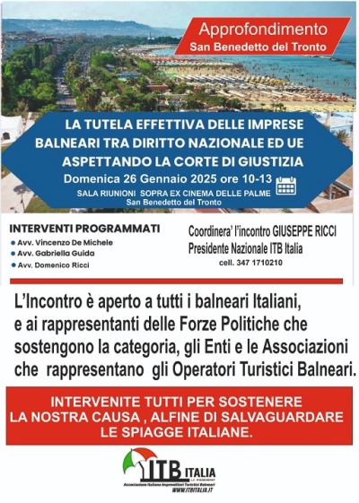 Domenica 26 gennaio a San Benedetto importante incontro rivolto ai balneari italiani e ai rappresentati delle forze politiche