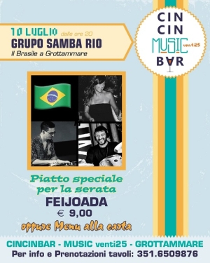 Cincinbar Music venti25, gioved&igrave; 10 luglio esibizione del Grupo Samba Rio