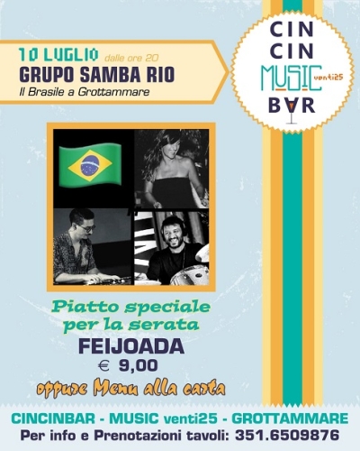 Cincinbar Music venti25, giovedì 10 luglio esibizione del Grupo Samba Rio