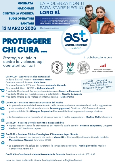 Aggressioni sanitari Ast Ascoli: 60 nel 2025, il 12 marzo un evento per la Giornata nazionale di educazione e prevenzione contro la violenza